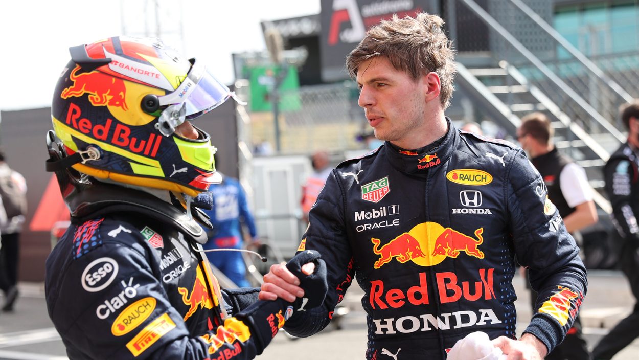 PORTIMAO,PORTUGAL,02.MAY.21 - MOTORSPORTS, FORMULA 1 - Grand Prix of Portugal, Autodromo Internacional do Algarve. Image shows Sergio Perez (MEX) and Max Verstappen (NED/ Red Bull Racing).