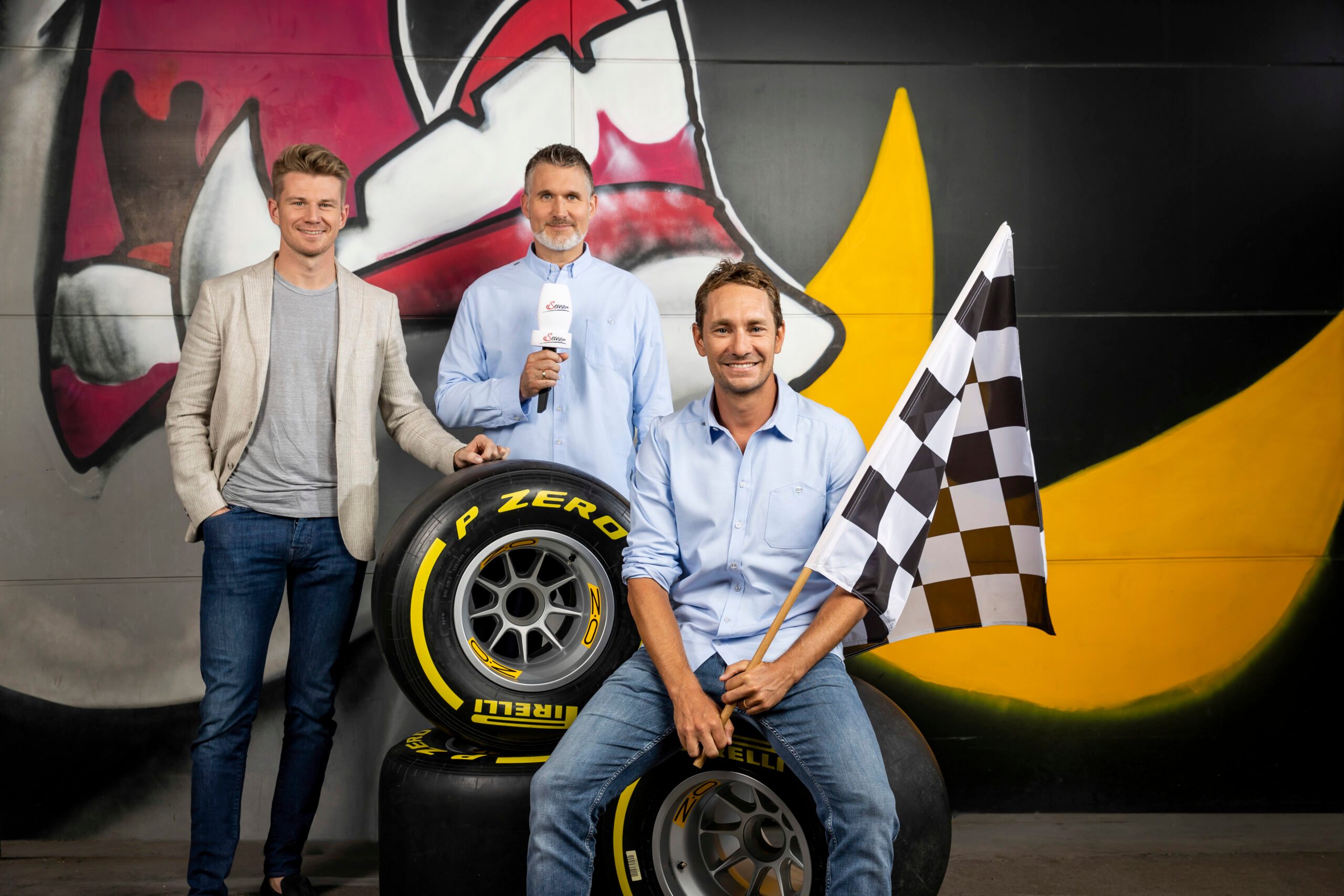 Die ServusTV Formel-1-Crew mit Nico Hülkenberg, Andreas Gröbl und Mathias Lauda.