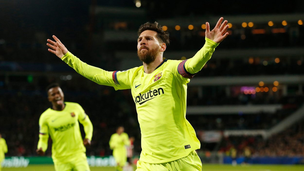 EINDHOVEN,NETHERLANDS,28.NOV.18 - SOCCER - UEFA Champions League, group stage, PSV Eindhoven vs FC Barcelona. Image shows the rejoicing of Lionel Messi (Barcelona).