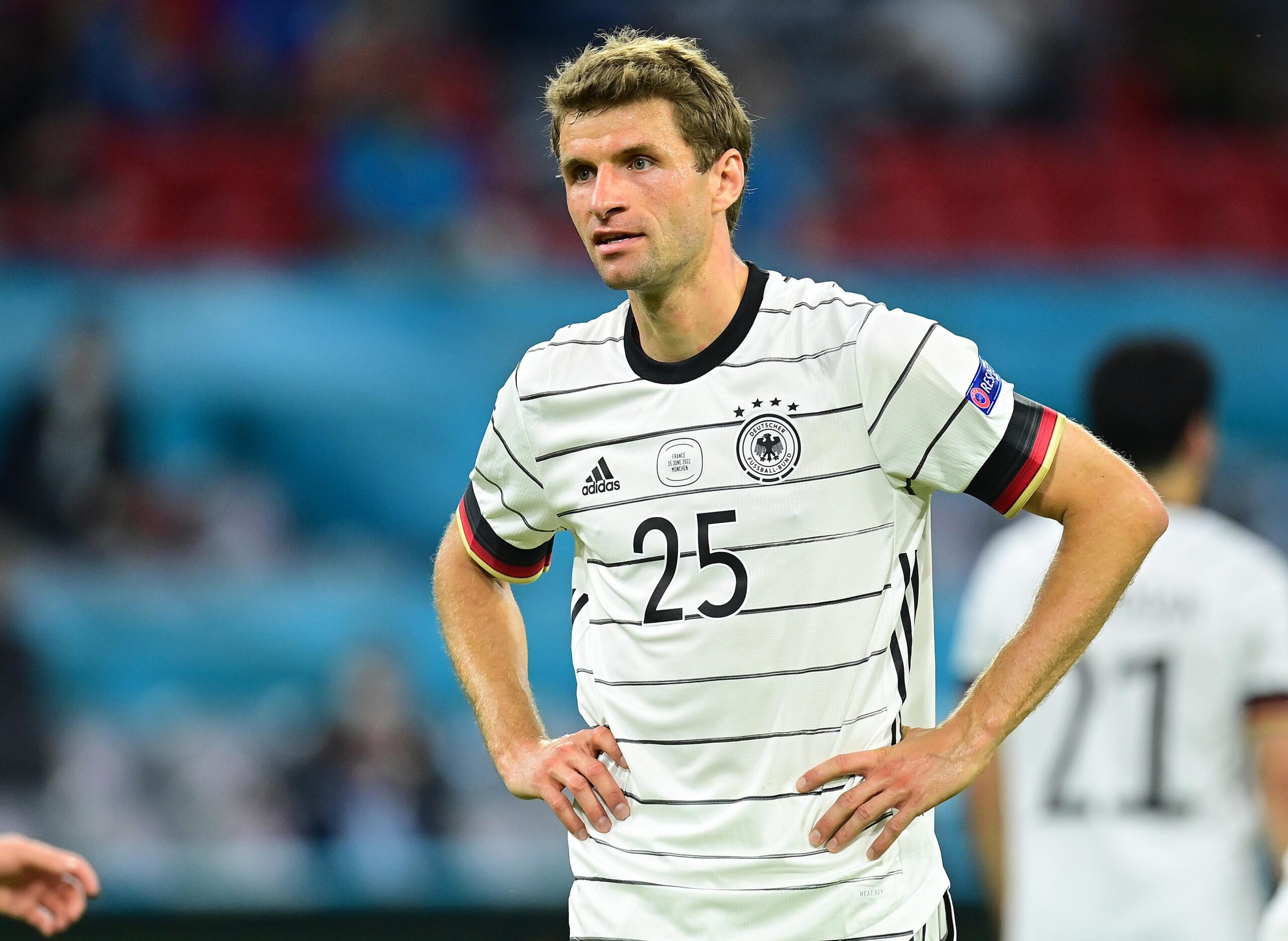 MUNICH,GERMANY,15.JUN.21 - SOCCER - UEFA European Championship, international match, France vs Germany. Image shows the disappointment of Thomas Mueller (GER).