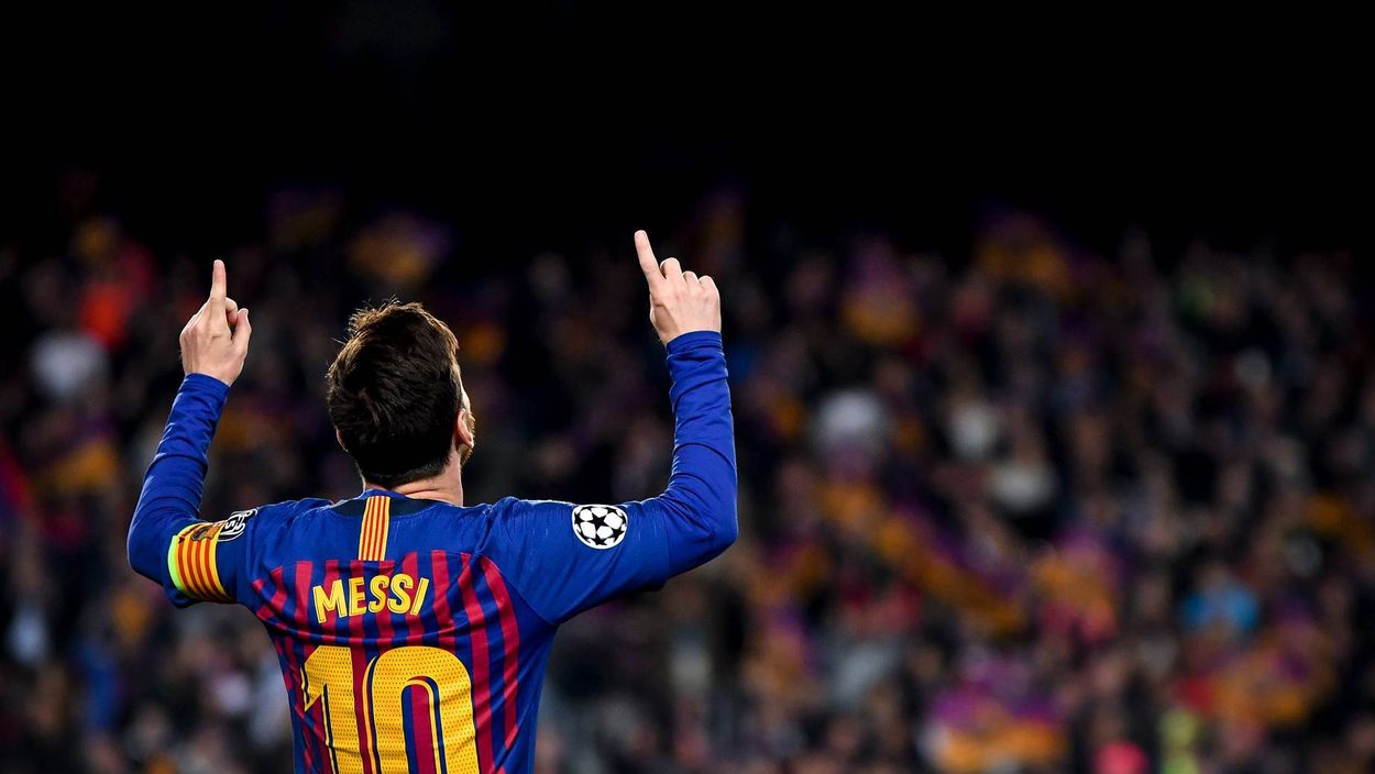 BARCELONA,SPAIN,16.APR.19 - SOCCER - UEFA Champions League, Quarter-finals, FC Barcelona vs Manchester United. Image shows the rejoicing of Lionel Messi (Barcelona).