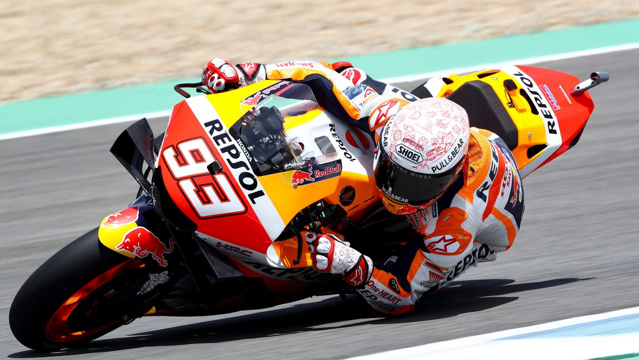 Marc Marquez performs during the MotoGP World Championship in Jerez, Spain on July 17, 2020.