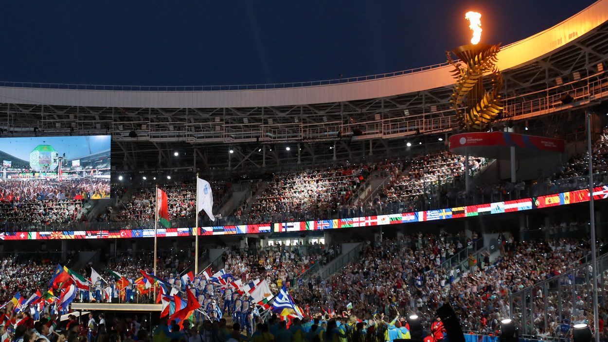 MINSK,BELARUS,30.JUN.19 - OLYMPICS - European Games Minsk 2019, closing ceremony. Image shows the Olympic flame. Keywords: flags.