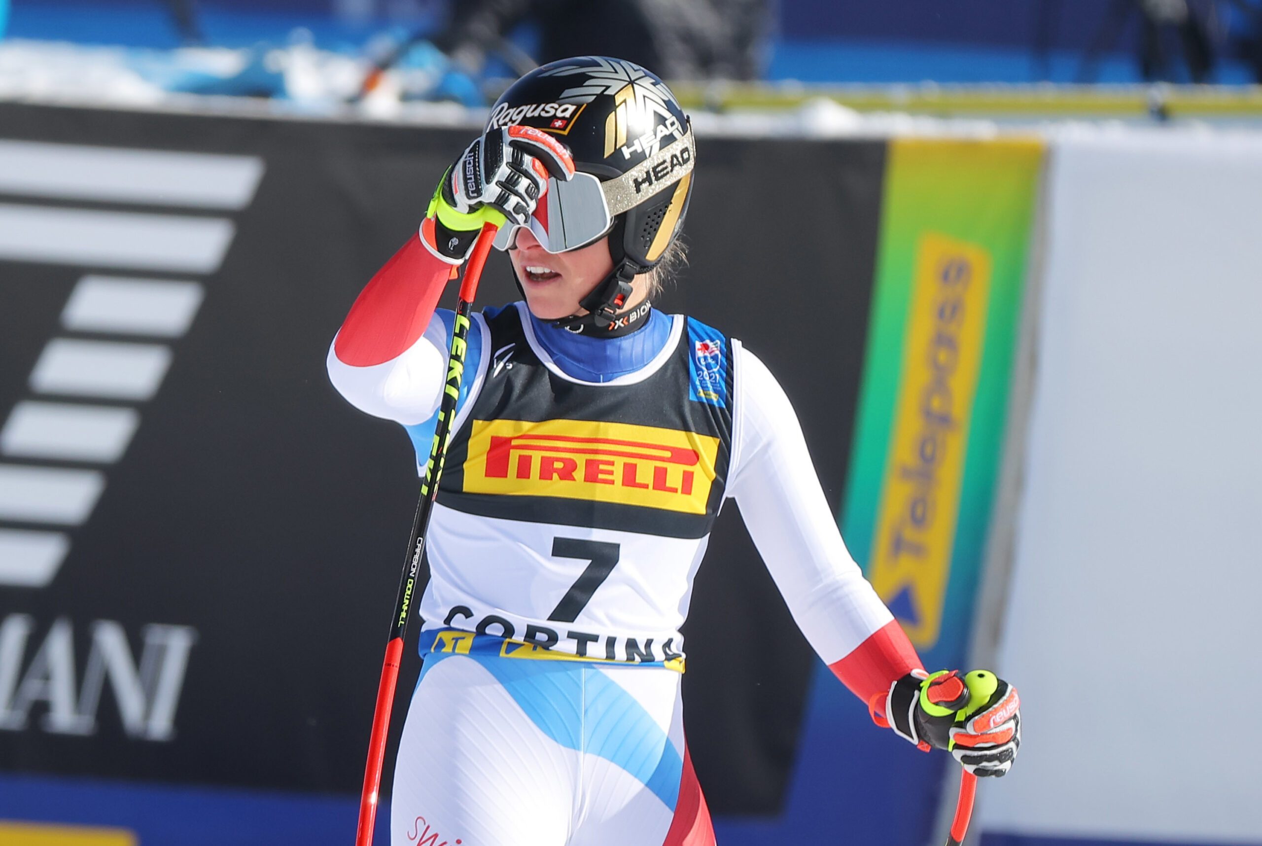 CORTINA D AMPEZZO,ITALY,11.FEB.21 - ALPINE SKIING - FIS Alpine World Ski Championships, Super G, ladies. Image shows the rejoicing of Lara Gut-Behrami (SUI).