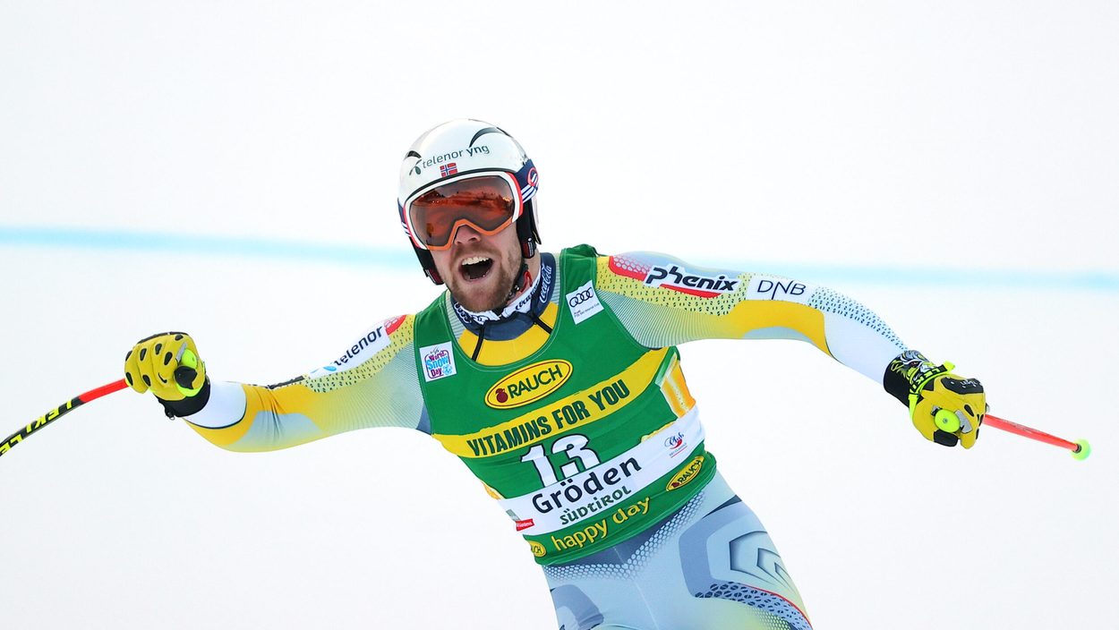 VAL GARDENA,ITALY,18.DEC.20 - ALPINE SKIING - FIS World Cup, Super G, men. Image shows the rejoicing of Aleksander Aamodt Kilde (NOR).