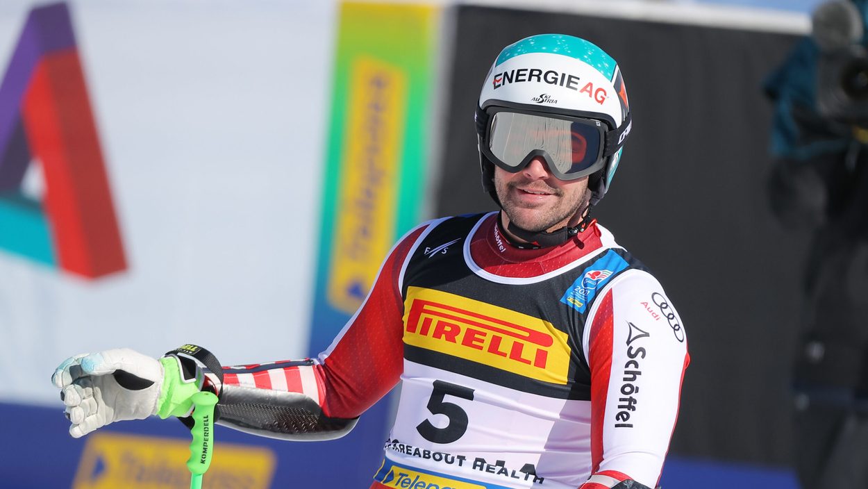 CORTINA D AMPEZZO,ITALY,11.FEB.21 - ALPINE SKIING - FIS Alpine World Ski Championships, Super G, men. Image shows the rejoicing of Vincent Kriechmayr (AUT).