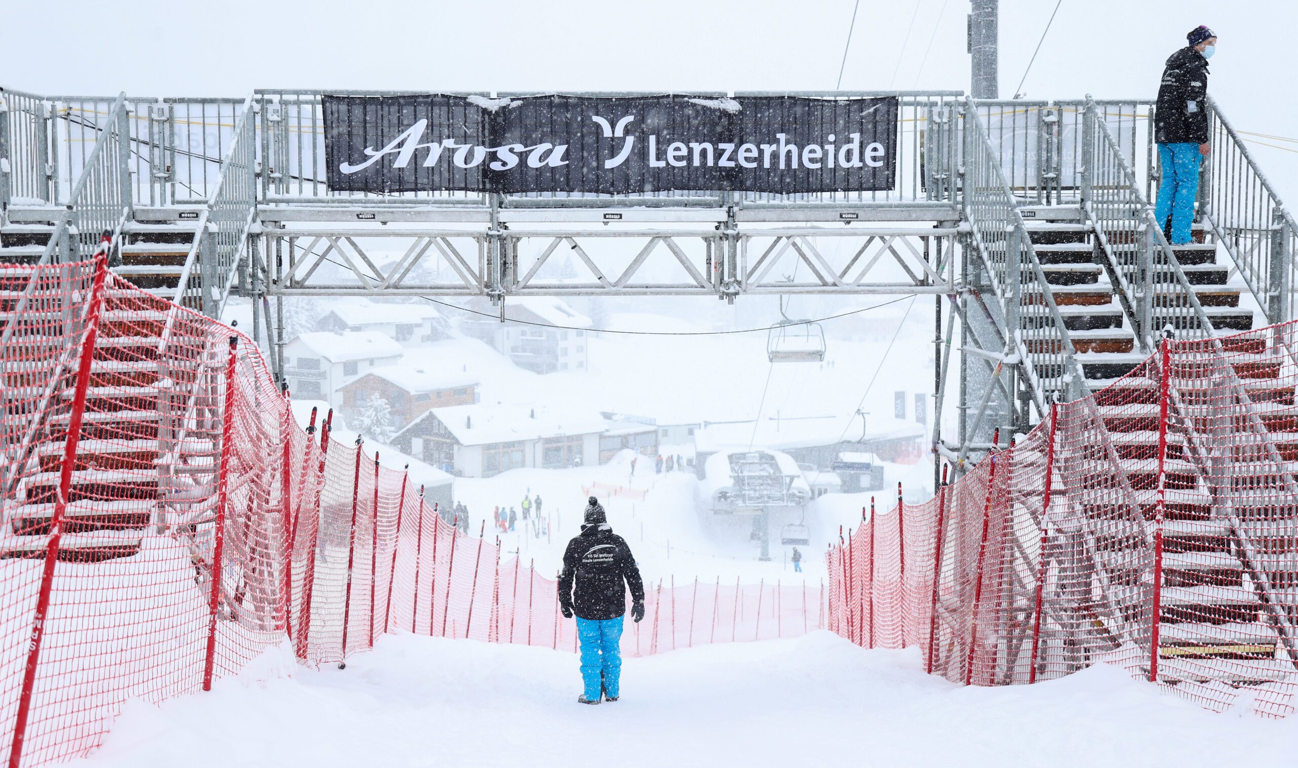 LENZERHEIDE,SWITZERLAND,17.MAR.21- ALPINE SKIING - FIS World Cup Final, preview. Image shows a feature with a banner.