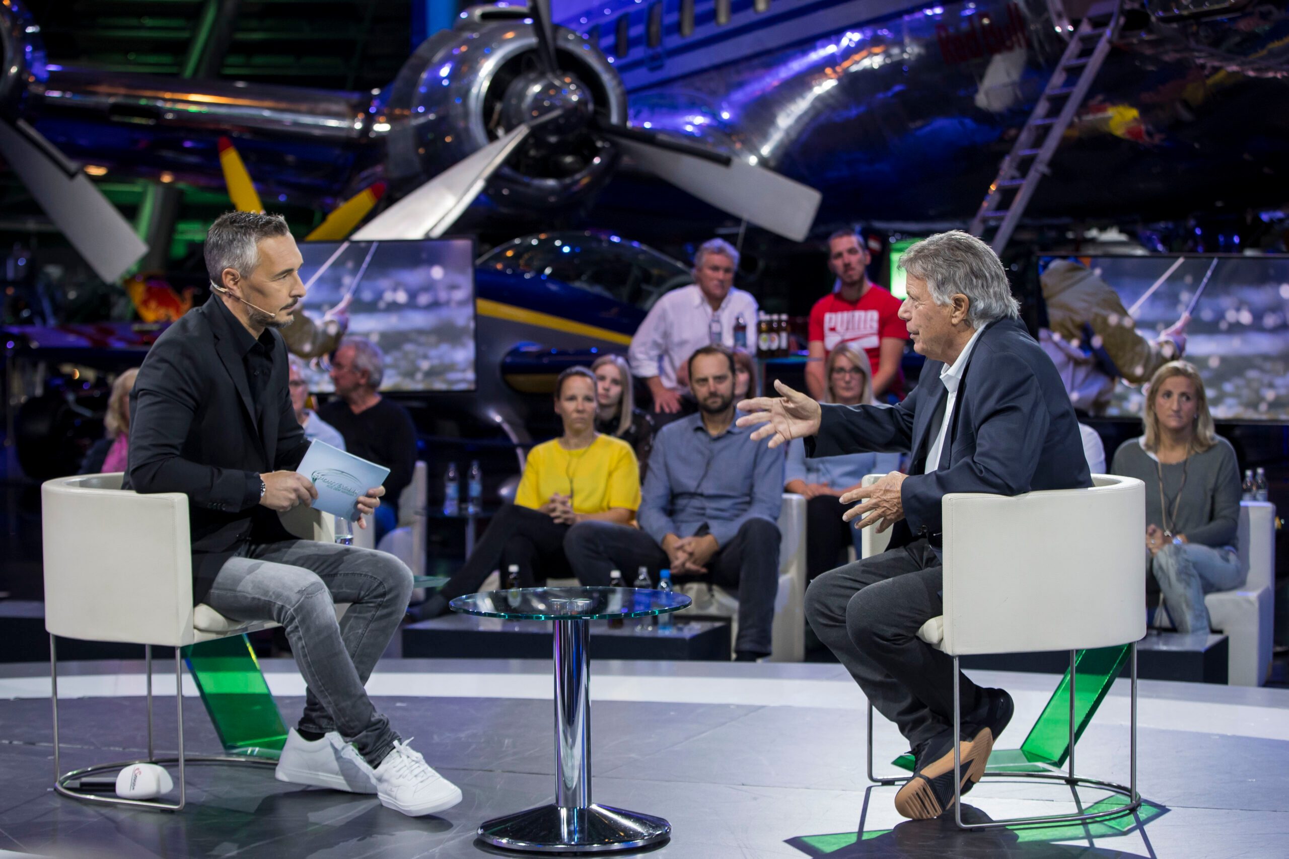 Christian Baier talking with Peter Schröcksnadel during Servus TV's Sport and Talk at the Hangar-7 in Salzburg, Austria on 19th of October 2020