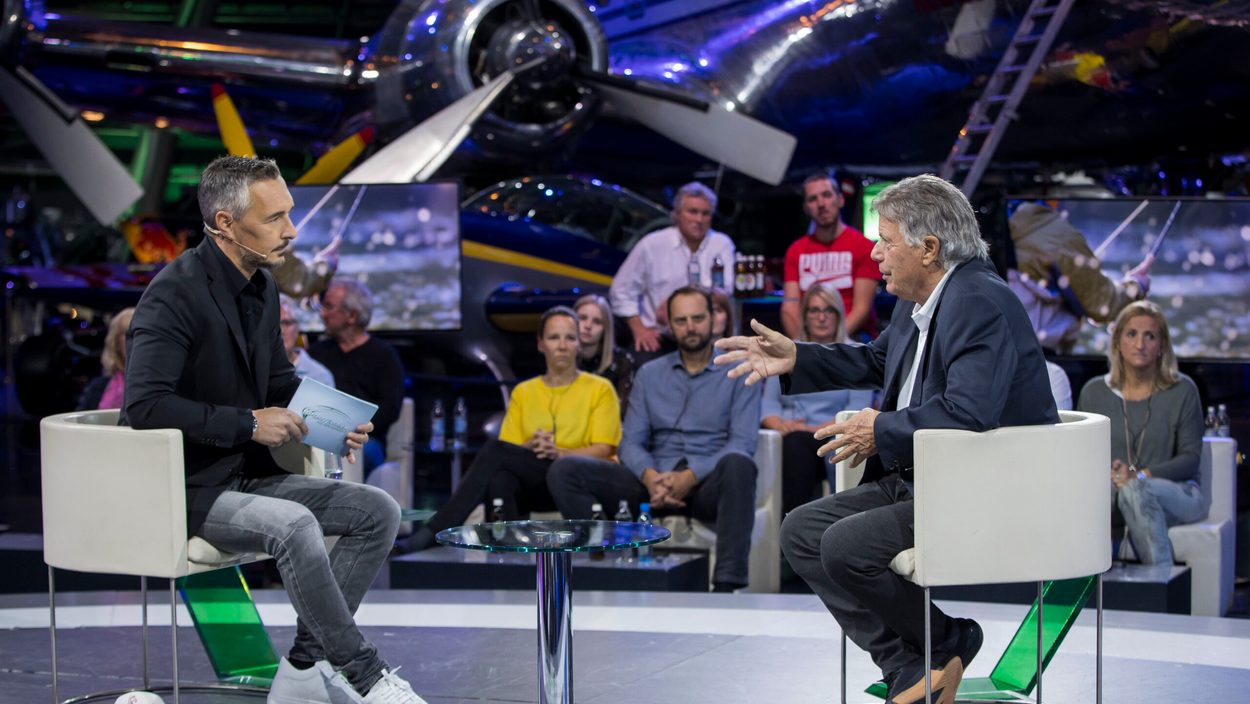 Christian Baier talking with Peter Schröcksnadel during Servus TV's Sport and Talk at the Hangar-7 in Salzburg, Austria on 19th of October 2020