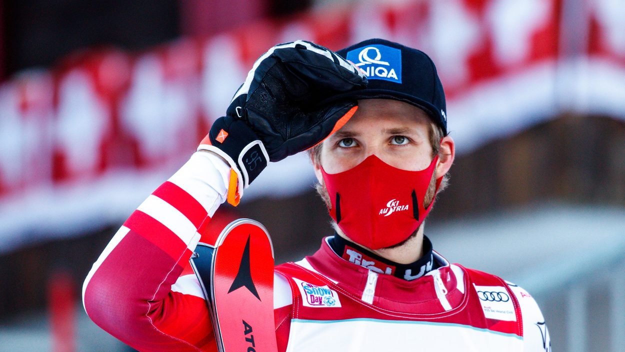 ADELBODEN,SWITZERLAND,10.JAN.21 - ALPINE SKIING - FIS World Cup, slalom, men, award ceremony. Image shows Marco Schwarz (AUT).