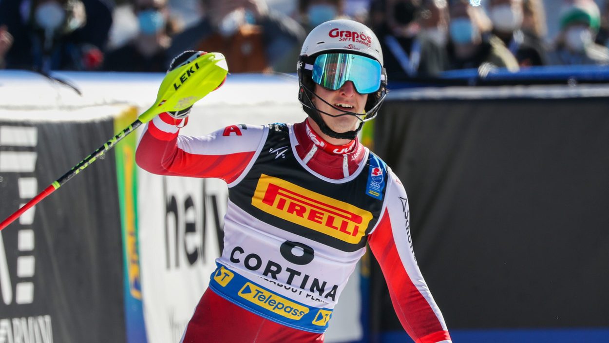 CORTINA D AMPEZZO,ITALY,21.FEB.21 - ALPINE SKIING - FIS Alpine World Ski Championships, slalom, men. Image shows the rejoicing of Adrian Pertl (AUT).