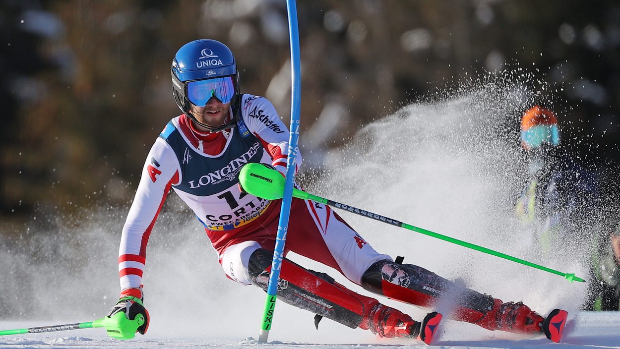 CORTINA D AMPEZZO,ITALY,15.FEB.21 - ALPINE SKIING - FIS Alpine World Ski Championships, alpine combined, slalom, men. Image shows Marco Schwarz (AUT).