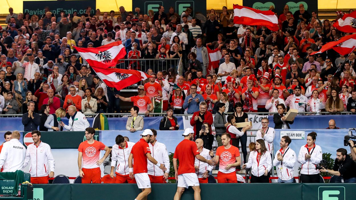 PREMSTAETTEN,AUSTRIA,07.MAR.20 - TENNIS - ITF Davis Cup, Austria vs Uruguay. Image shows the rejoicing of Juergen Melzer (AUT) and Oliver Marach (AUT) with fans.