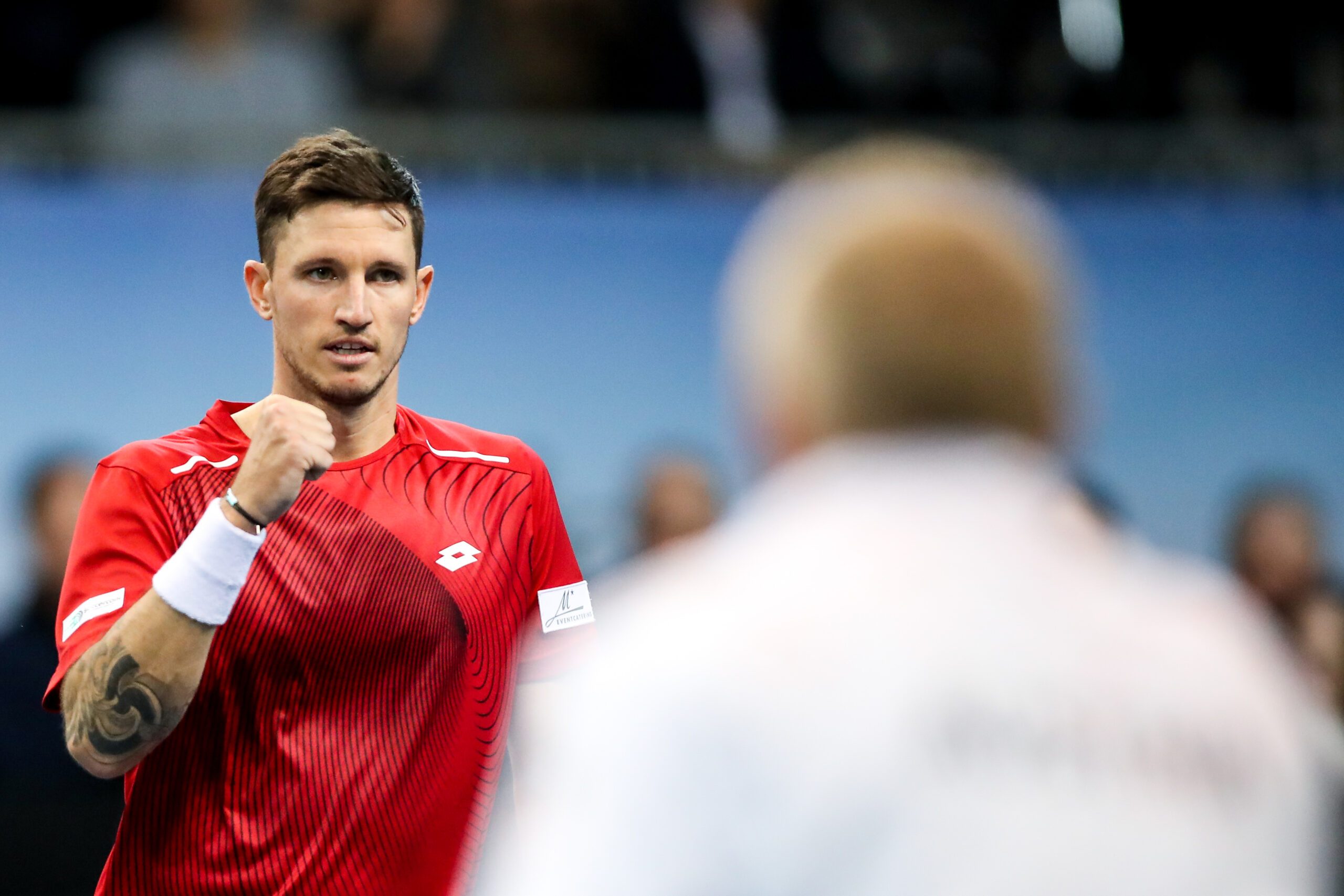 PREMSTAETTEN,AUSTRIA,07.MAR.20 - TENNIS - ITF Davis Cup, Austria vs Uruguay. Image shows the rejoicing of Dennis Novak (AUT).
