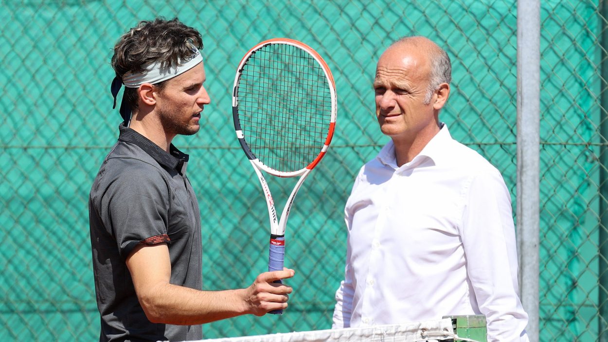 WIEN,AUSTRIA,28.APR.20 - TENNIS - ATP, training after lightening the restrictions due to the SARS-CoV-2 crisis, corona crisis. Image shows Dominic Thiem (AUT) and Manager Herwig Straka.