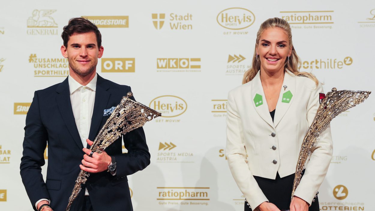 VIENNA,AUSTRIA,10.NOV.20 - VARIOUS SPORTS, SPORTHILFE - LOTTERIEN Sporthilfe-Gala, election of Austrian Sports Personality of the Year. Image shows Dominic Thiem and Ivona Dadic (AUT). Photo: GEPA pictures/ Michael Meindl