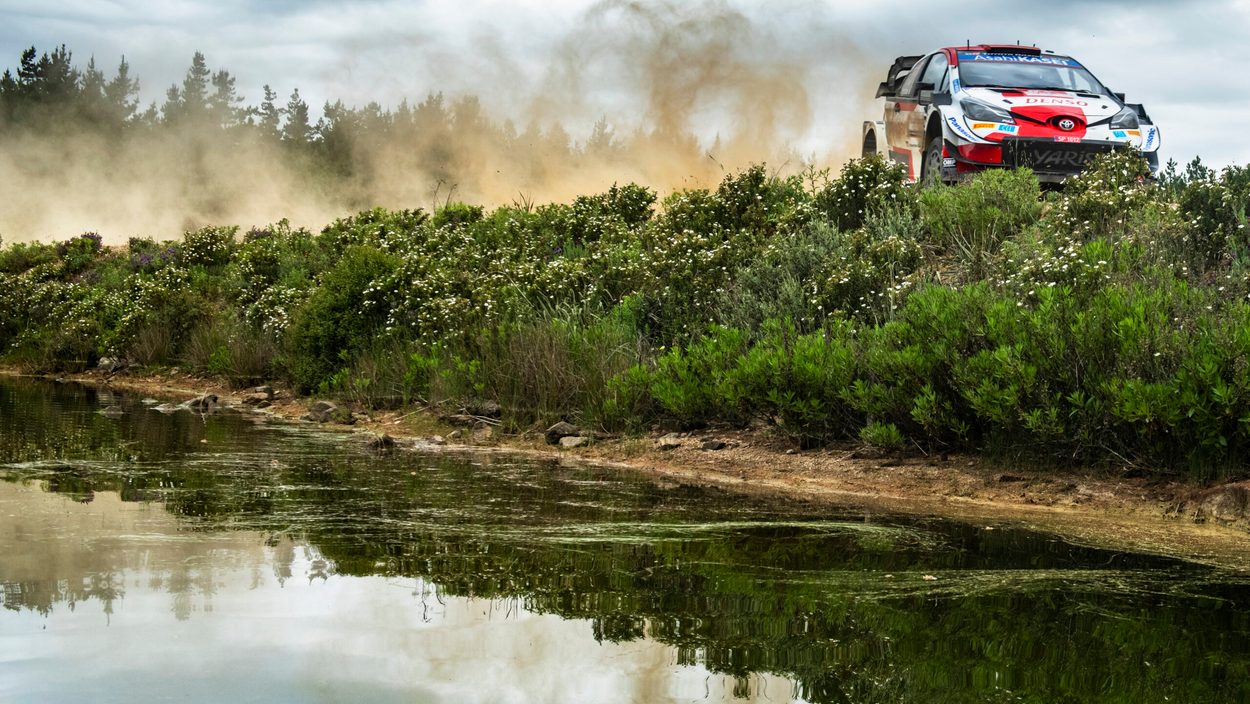 Sebastien Ogier (FRA) and Julien Ingrassia (FRA) of team Toyota Gazoo Racing are performing during World Rally Championship Sardinia in Olbia, Italy on June 4, 2021.