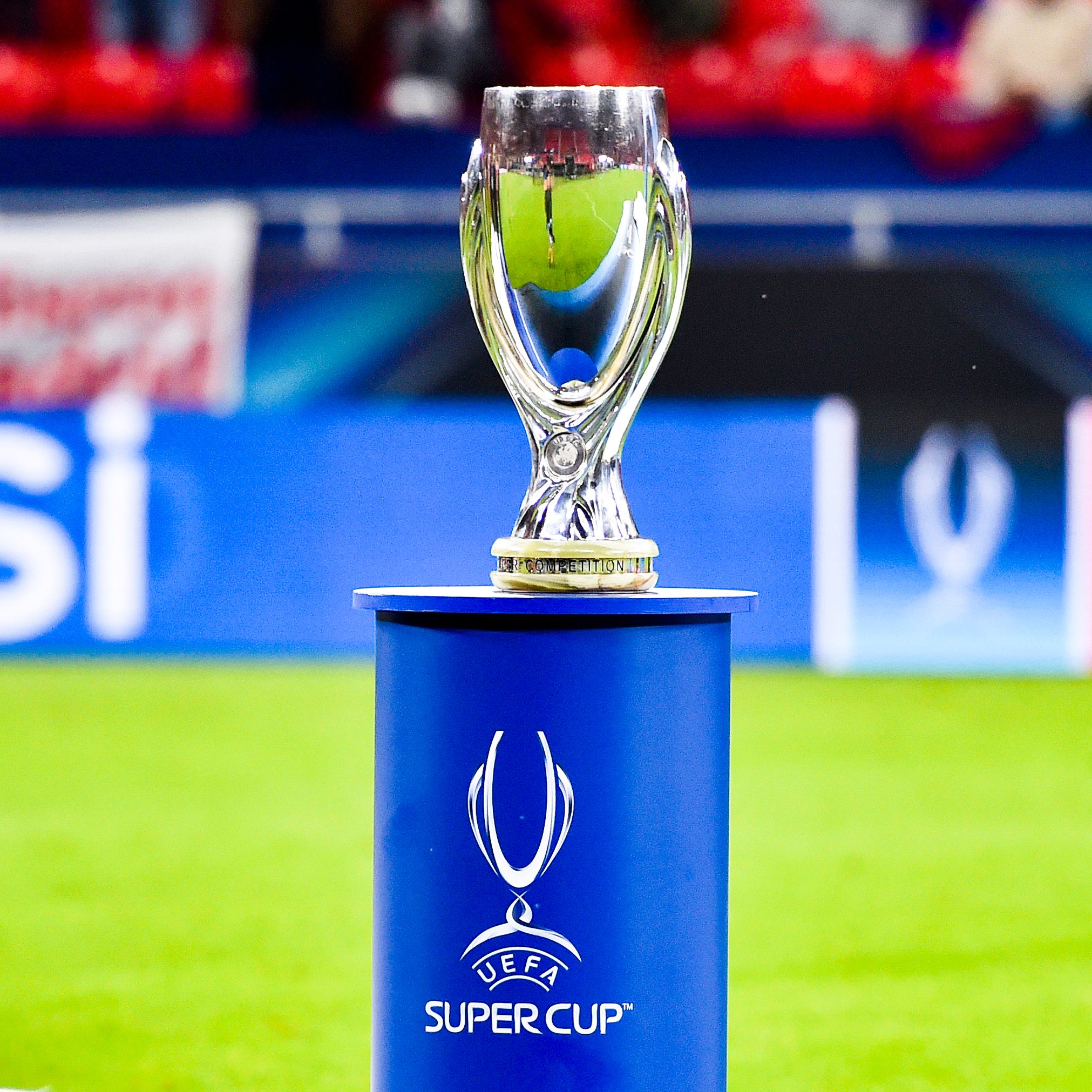 BUDAPEST, HUNGARY - SEPTEMBER 24: The UEFA Super Cup Trophy during the UEFA Super Cup match between FC Bayern Munich and FC Sevilla at Puskas Arena on September 24, 2020 in Budapest, Hungary.