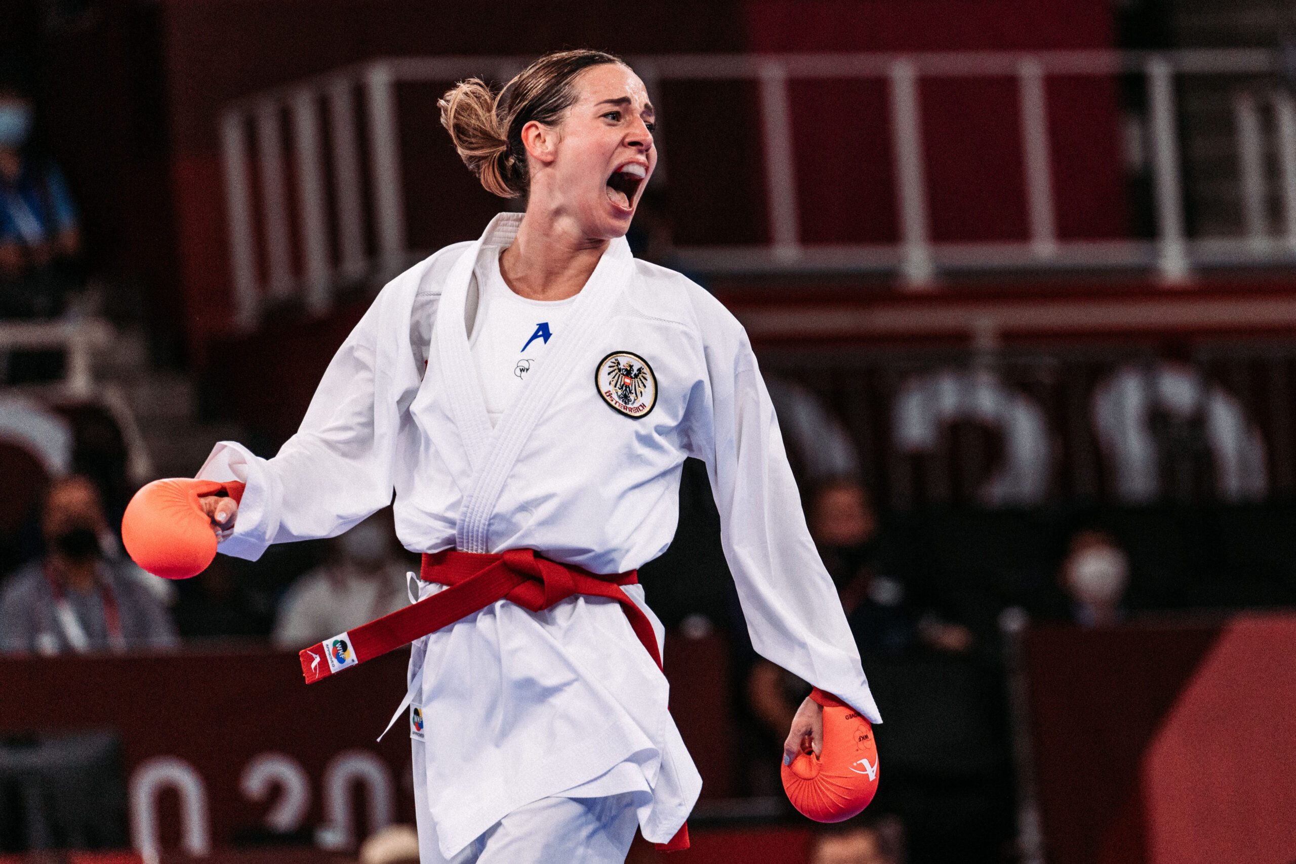 TOKYO,JAPAN,05.AUG.21 - OLYMPICS, KARATE - Summer Olympic Games 2020, women -55kg. Image shows the rejoicing of Bettina Plank (AUT).