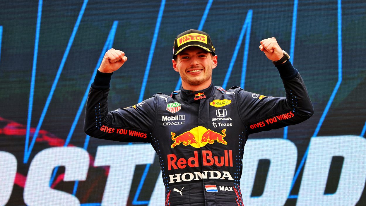 LE CASTELLET, FRANCE, 20. JUN. 21 - MOTORSPORTS, FORMULA 1 - Grand Prix of France, Circuit Paul Ricard, award ceremony. Image shows the rejoicing of Max Verstappen (NED/Red Bull Racing).