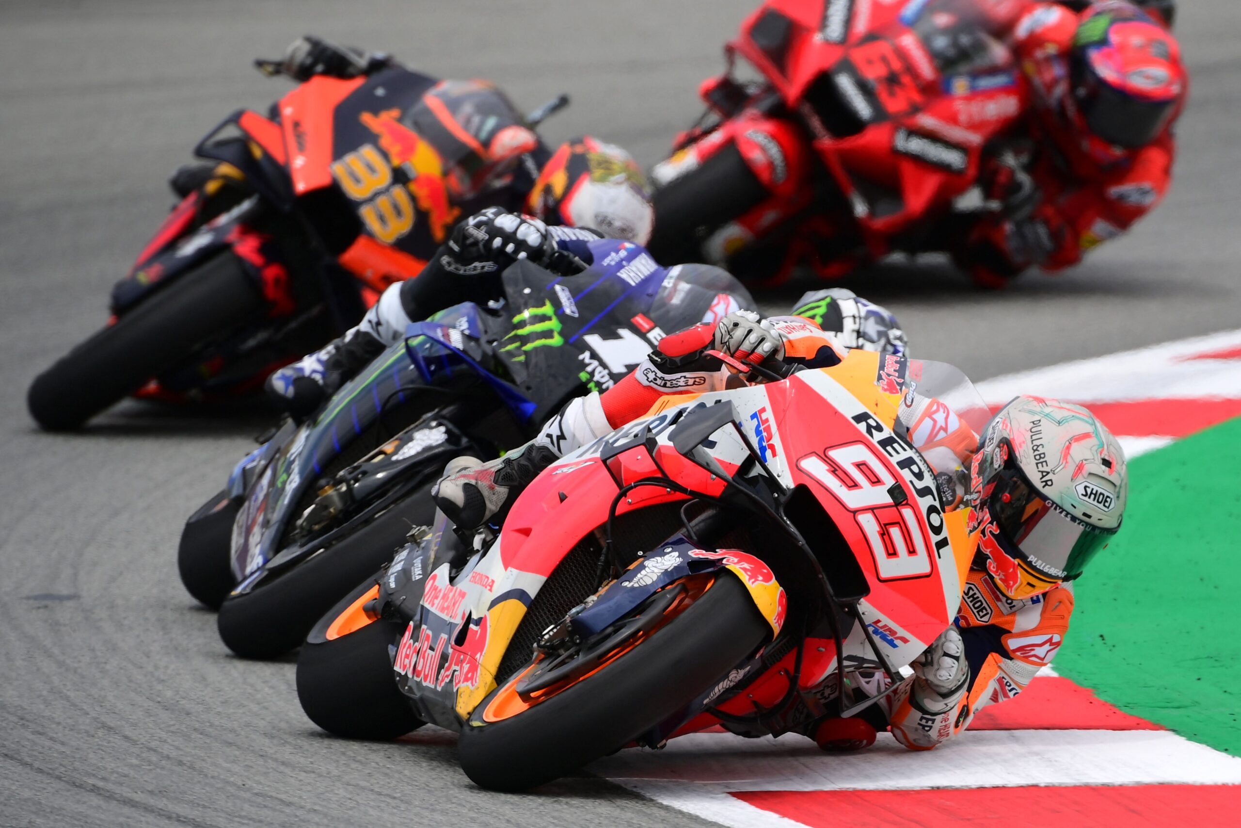 Honda Spanish rider Marc Marquez competes during the MotoGP race of the Moto Grand Prix de Catalunya at the Circuit de Catalunya on June 6, 2021 in Montmelo on the outskirts of Barcelona.