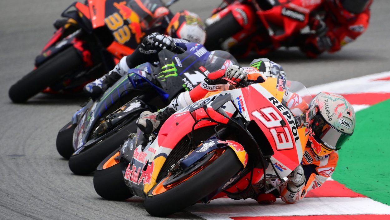 Honda Spanish rider Marc Marquez competes during the MotoGP race of the Moto Grand Prix de Catalunya at the Circuit de Catalunya on June 6, 2021 in Montmelo on the outskirts of Barcelona.