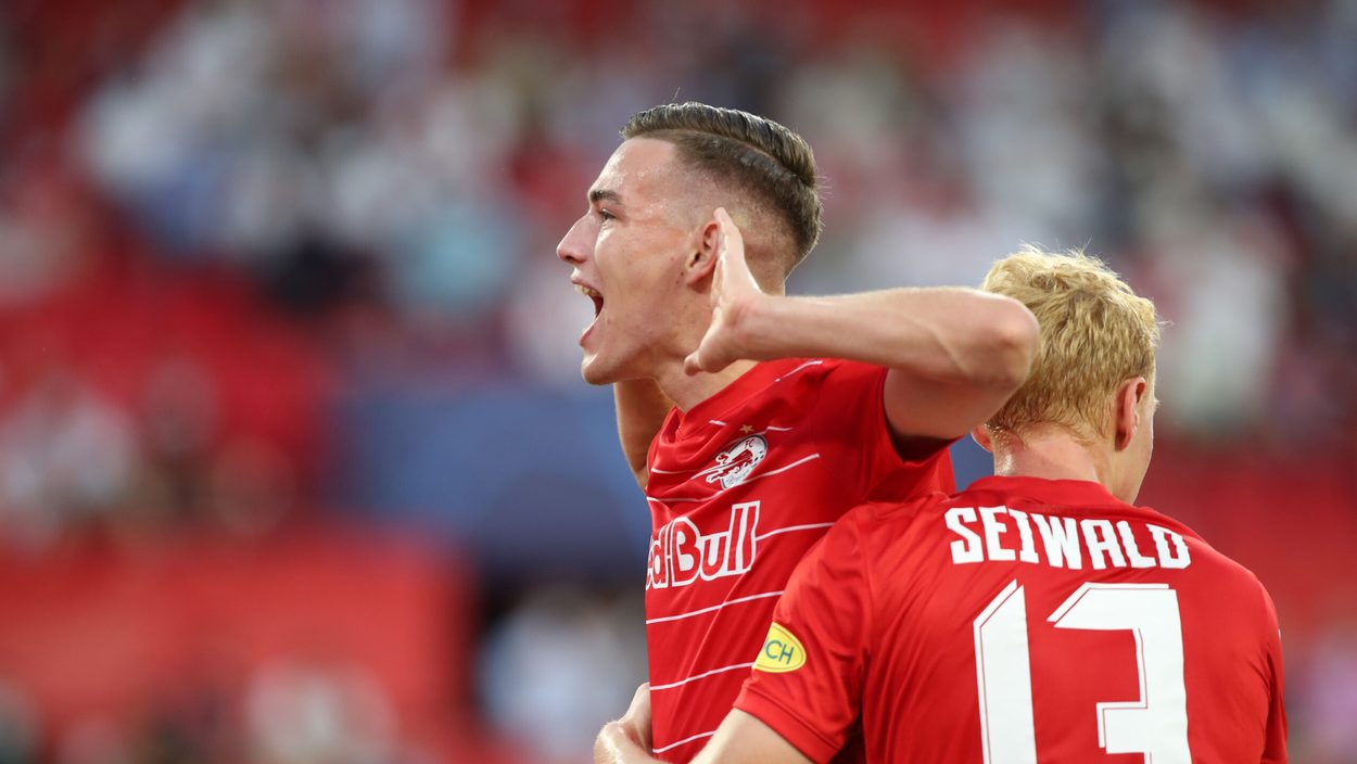 SEVILLA,SPAIN,14.SEP.21 - SOCCER - UEFA Champions League, group stage, FC Sevilla vs Red Bull Salzburg. Image shows the rejoicing of Luka Sucic and Nicolas Seiwald (RBS).