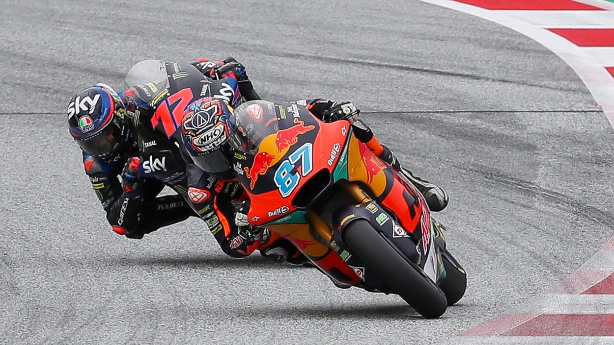 SPIELBERG,AUSTRIA,08.AUG.21 - MOTORSPORTS - Moto2, Grand Prix of Styria, Red Bull Ring. Image shows Remy Gardner (AUS/ Red Bull KTM Ajo) and Marco Bezzecchi (ITA/ Sky Racing Team VR46).