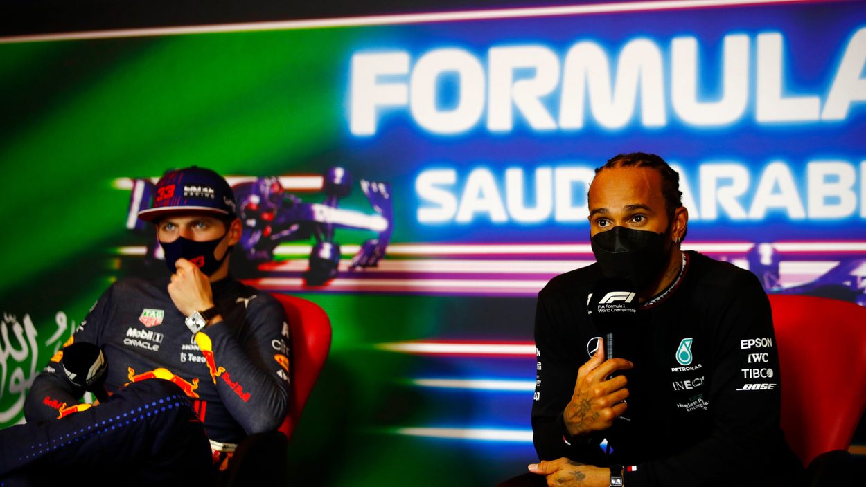 JEDDAH,SAUDI ARABIA,05.DEC.21 - MOTORSPORTS, FORMULA 1 - Grand Prix of Saudi Arabia, Jeddah Corniche Circuit, FIA press conference. Image shows Max Verstappen (NED/ Red Bull Racing) and Lewis Hamilton (GBR/ Mercedes).