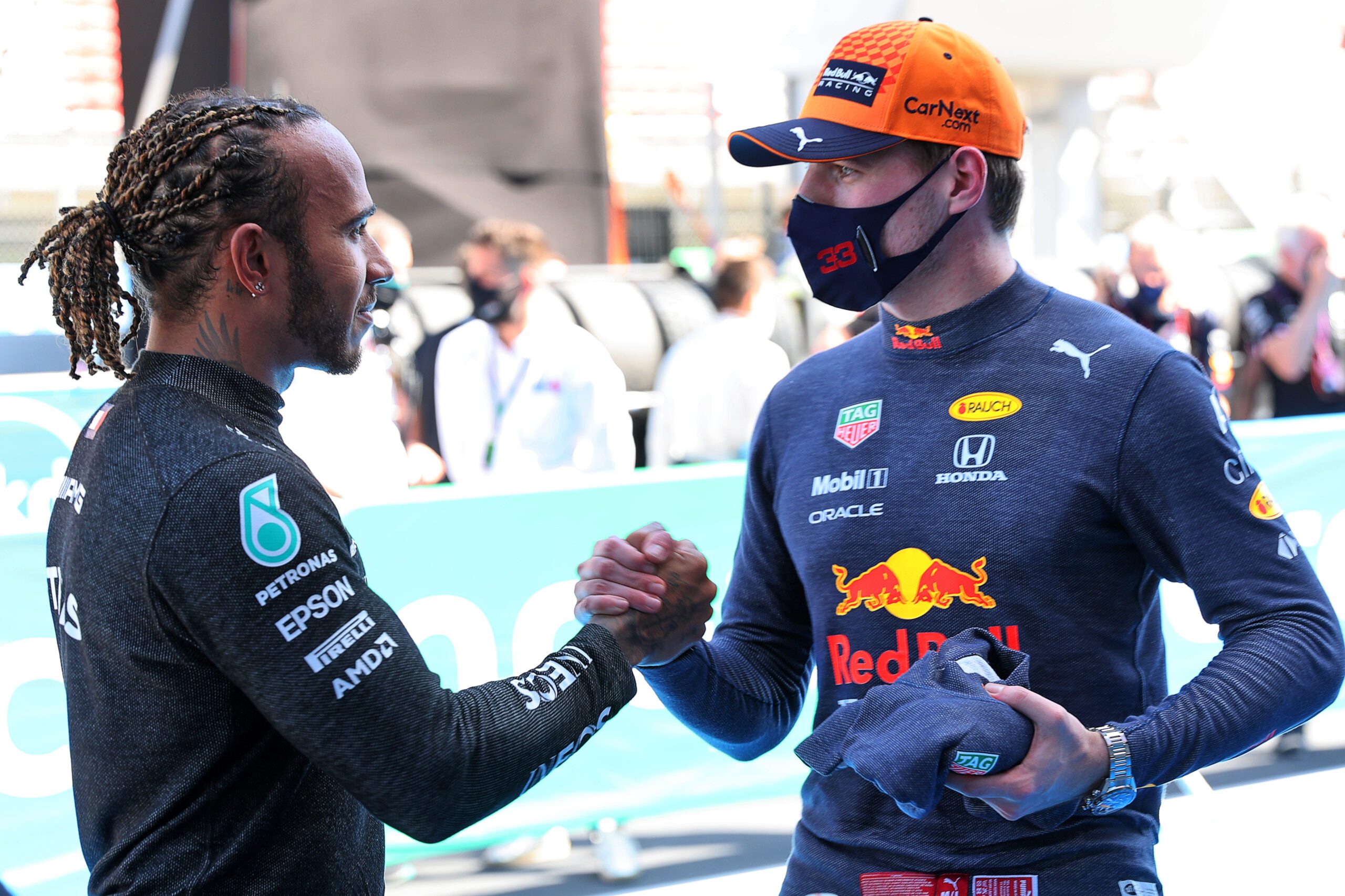 BARCELONA,SPAIN,08.MAY.21 - MOTORSPORTS, FORMULA 1 - Grand Prix of Spain, Circuit de Barcelona Catalunya, practice and qualifying. Image shows Lewis Hamilton (GBR/ Mercedes) and Max Verstappen (NED/ Red Bull Racing).