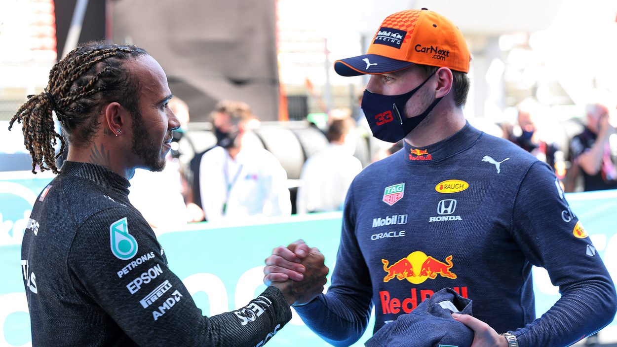 BARCELONA,SPAIN,08.MAY.21 - MOTORSPORTS, FORMULA 1 - Grand Prix of Spain, Circuit de Barcelona Catalunya, practice and qualifying. Image shows Lewis Hamilton (GBR/ Mercedes) and Max Verstappen (NED/ Red Bull Racing).