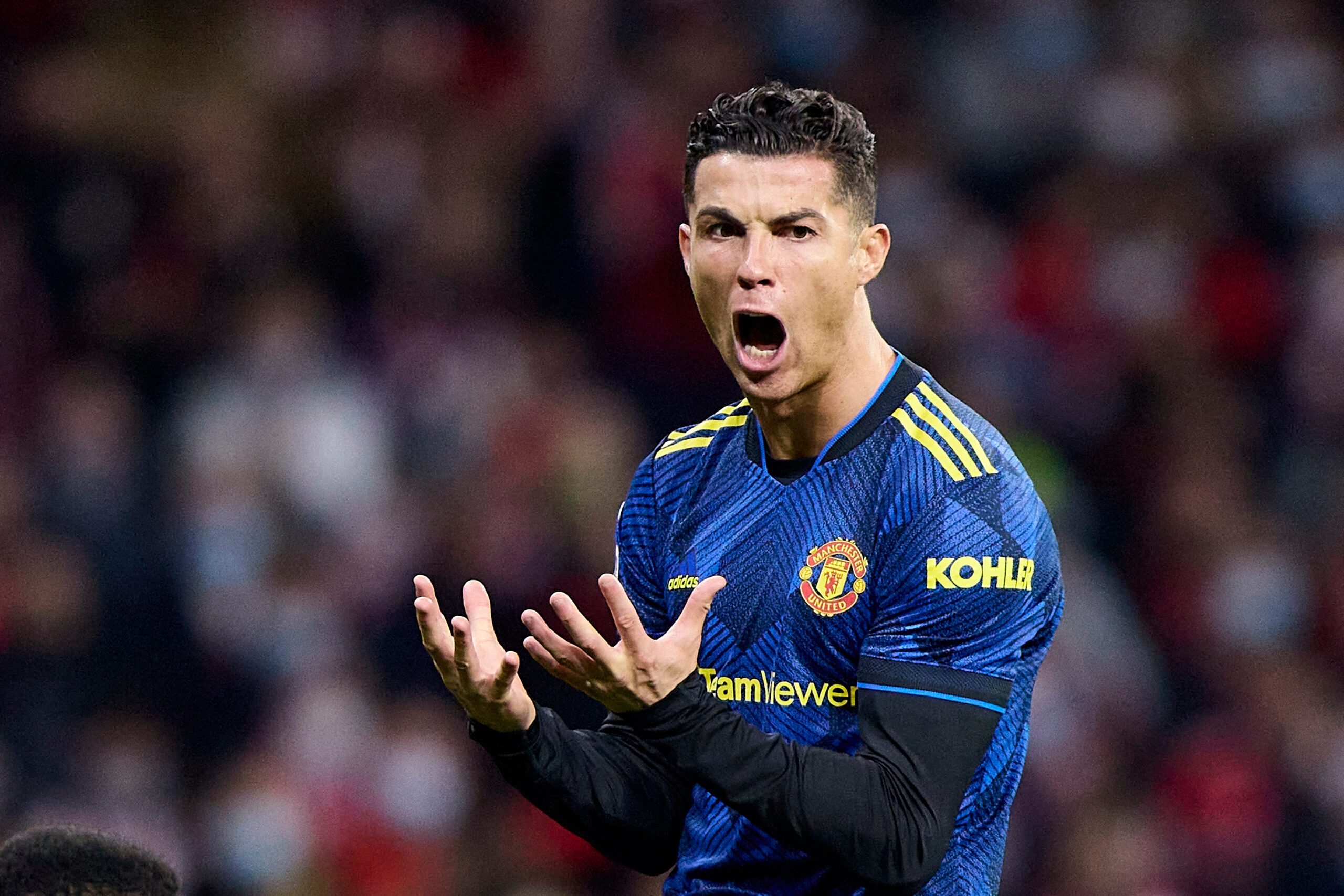 MADRID,SPAIN,23.FEB.22 - SOCCER - UEFA Champions League, last sixteen, Atletico Madrid vs Manchester United. Image shows the disappointment of Cristiano Ronaldo (Manchester).