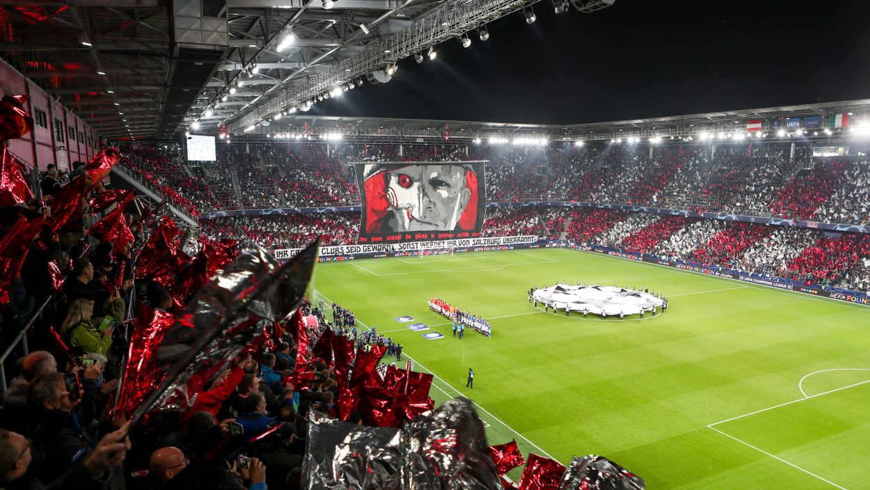 SALZBURG,AUSTRIA,23.OCT.19 - SOCCER - UEFA Champions League, group stage, Red Bull Salzburg vs SSC Napoli. Image shows overview of Red Bull Arena.