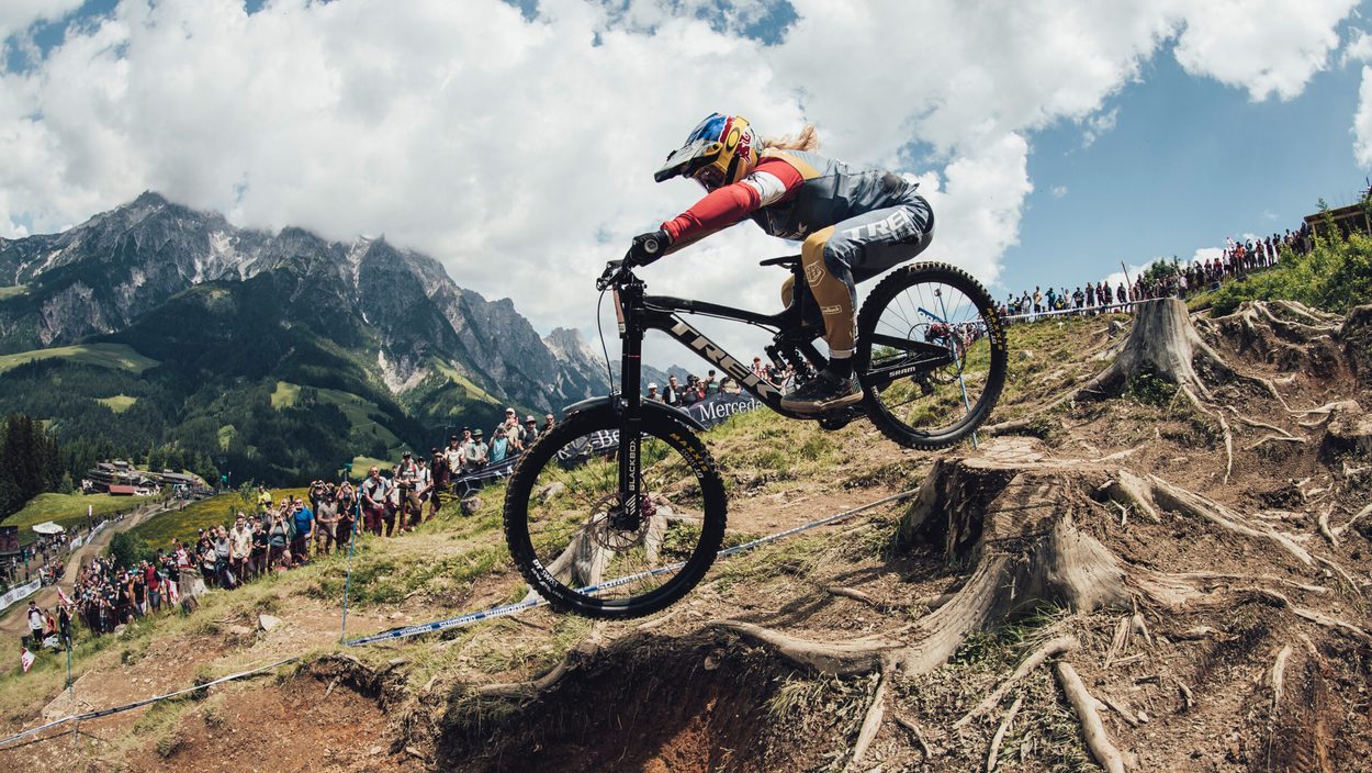 Valentina Holl performs at UCI DH World Cup in Leogang, Austria on June 11, 2022.