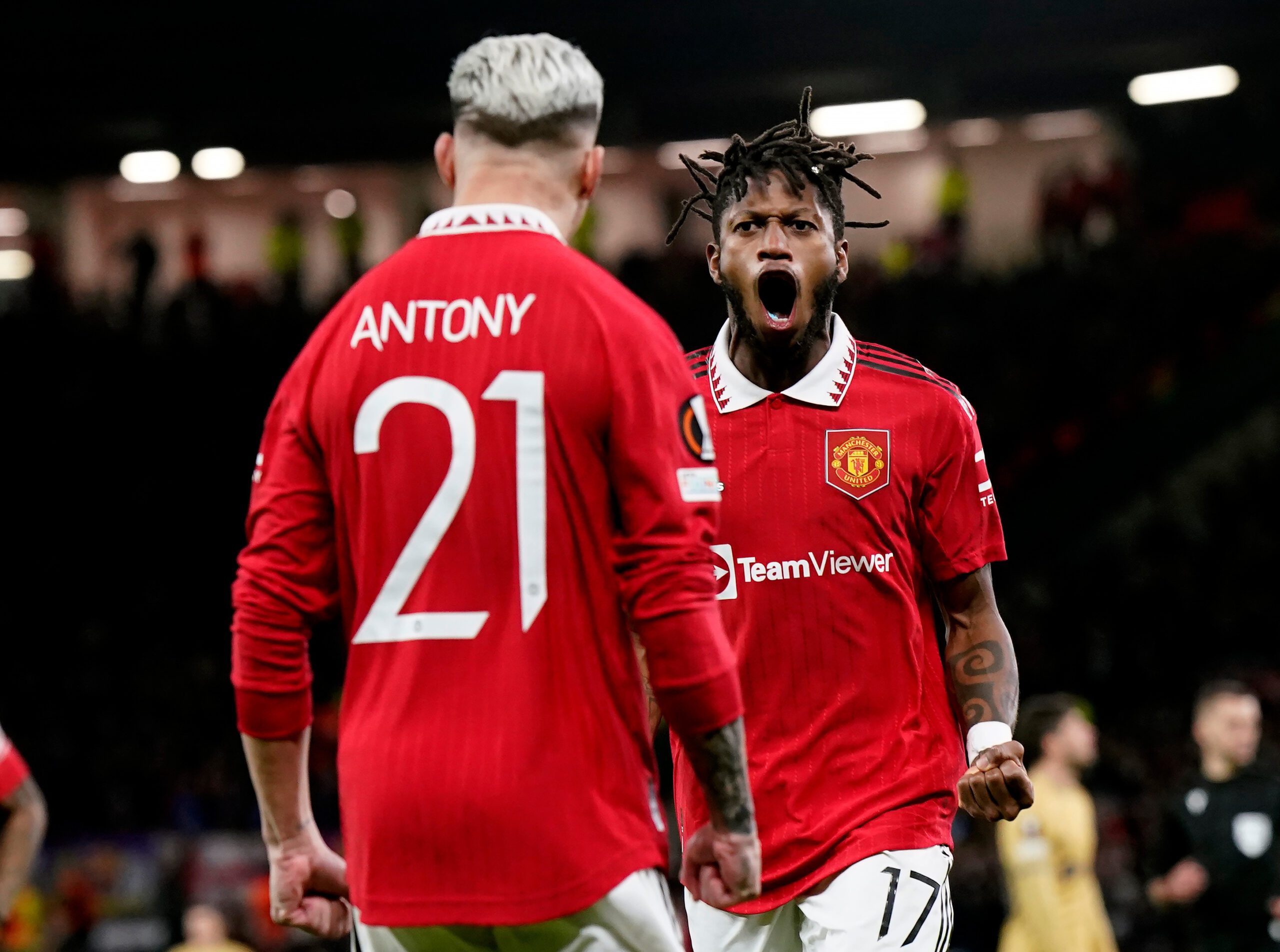 MANCHESTER,ENGLAND,23.FEB.23 - SOCCER - UEFA Europa League, play off, Manchester United vs FC Barcelona. Image shows the rejoicing of Fred (right) and Antony (Manchester).