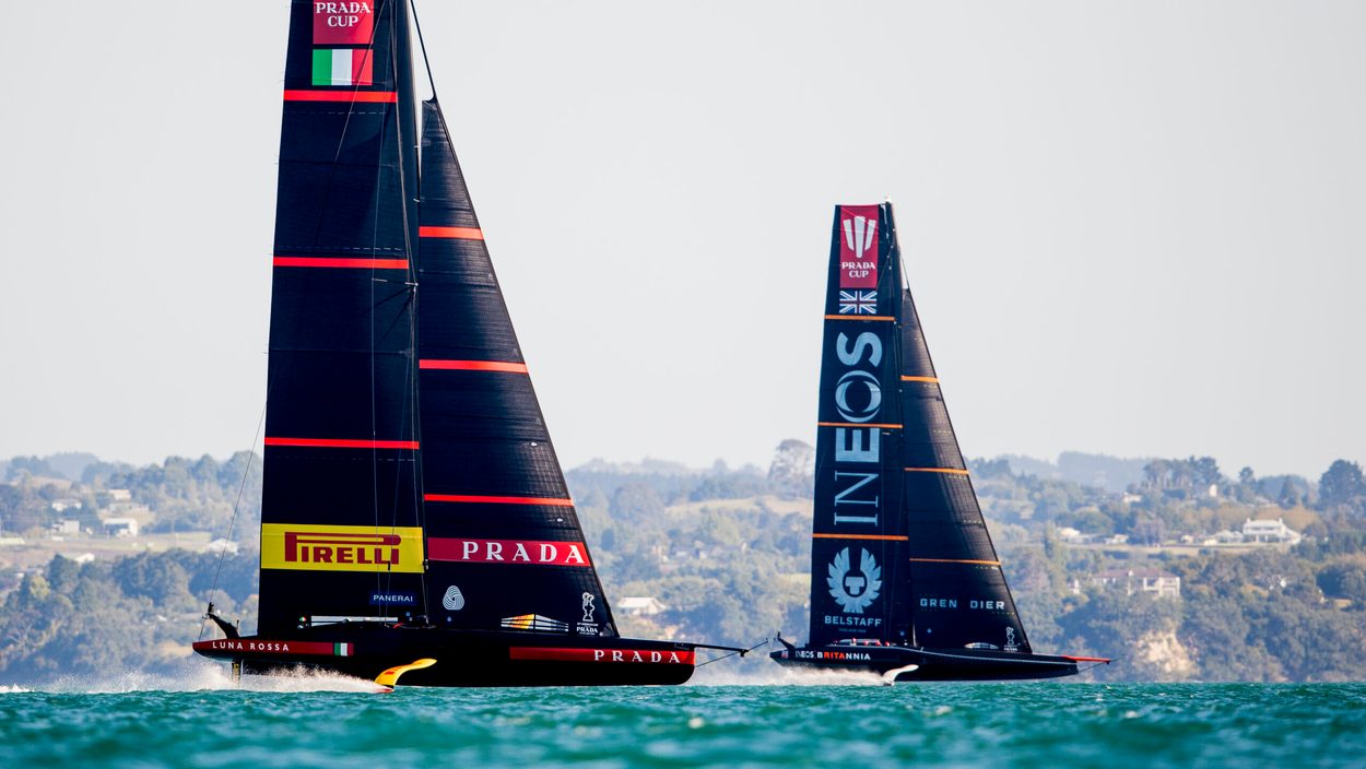 AUCKLAND, NEW ZEALAND - FEBRUARY 20: Luna Rossa Prada Pirelli during race 6 of the 2021 Prada Cup Final against INEOS TEAM UK on Auckland Harbour on February 20, 2021 in Auckland, New Zealand.