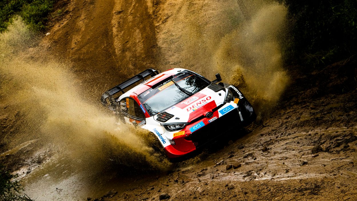 Kalle Rovanperä (FIN) and Jonne Halttunen (FIN) of team TOYOTA GAZOO RACING WRT are seen performing during the World Rally Championship Italy in Olbia, Italy on June 4, 2023.