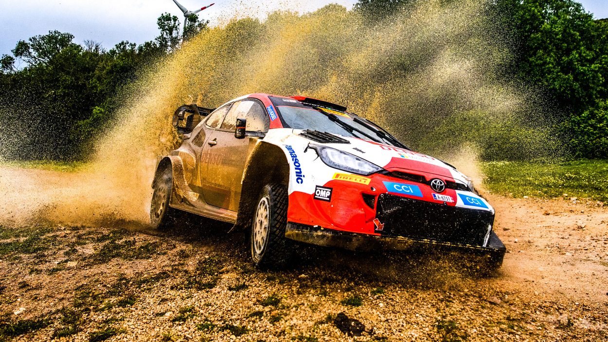 Elfyn Evans (GBR) and Scott Martin (GBR) are seen competing during FIA World Rally Championship Italy 2023.
