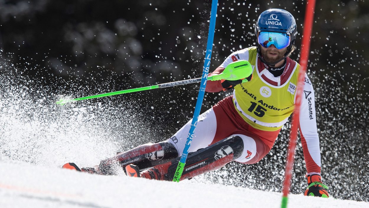 SOLDEU,ANDORRA,19.MAR.23 - ALPINE SKIING - FIS World Cup Final, slalom, men. Image shows Marco Schwarz (AUT).