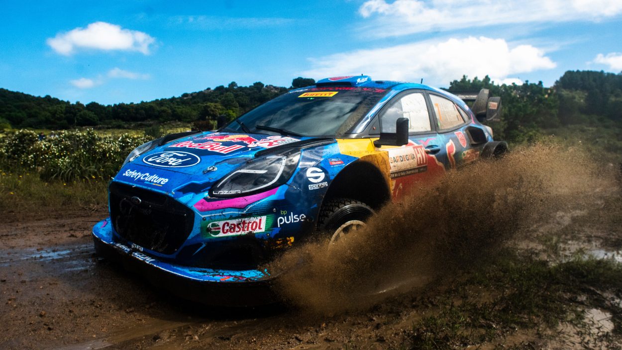 Pierre-Louis Loubet (FRA) Nicolas Gilsoul (BEL) M-Sport Ford WRT are seen performing during the World Rally Championship Italy in Olbia, Italy on 2, June, 2023