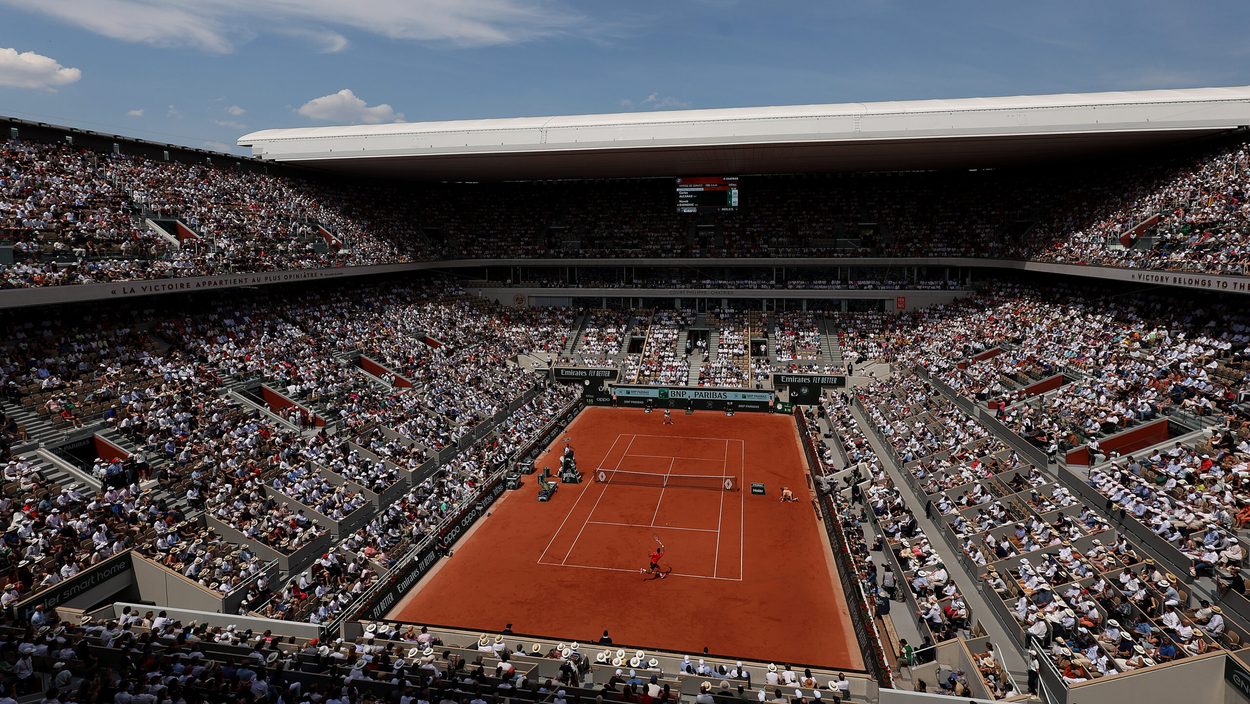 PARIS, FRANCE - JUNE 09: A general view of Court Philippe-Chatrier is seen during the Men's Singles Semi Final match between Carlos Alcaraz of Spain and Novak Djokovic of Serbia on Day Thirteen of the 2023 French Open at Roland Garros on June 09, 2023 in Paris, France.